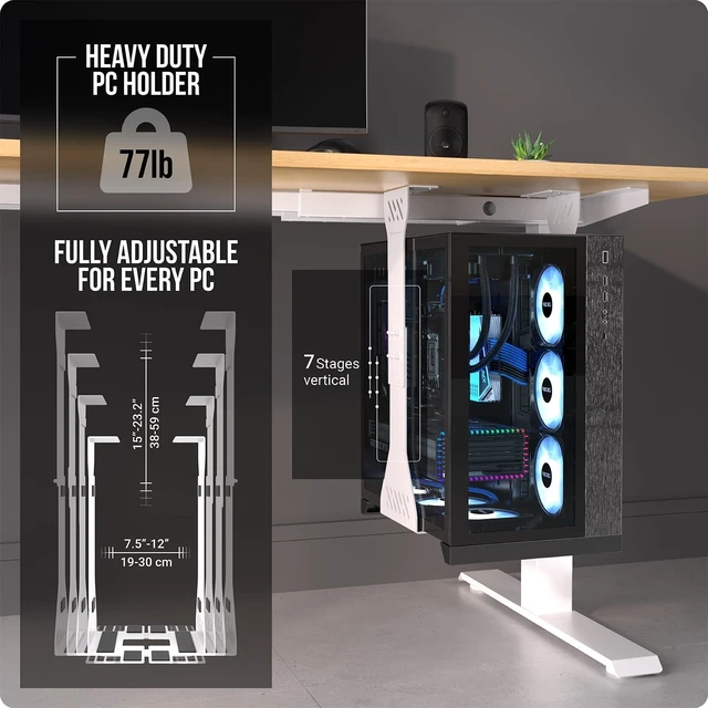 Alt view image 8 of 10 - Heavy Duty Under Desk PC Holder Up to 77 lbs Load Capacity - Adjustable Computer Tower Holder - Under Desk Computer Mount (White)