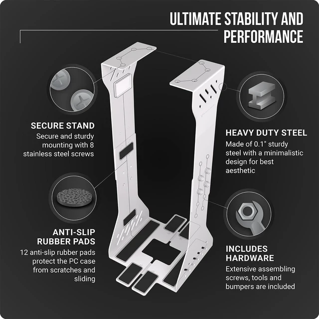 Alt view image 10 of 10 - Heavy Duty Under Desk PC Holder Up to 77 lbs Load Capacity - Adjustable Computer Tower Holder - Under Desk Computer Mount (White)