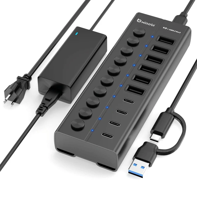 Alt view image 6 of 10 - Powered USB Hub, 10-Port USB C Hub with 6 USB-A 3.2, 4 USB-C 3.2 Ports, Individual Switches and 12V/5A Power Adapter, Aluminum USB Extension for MacBook, Laptop/PC and More(Black)