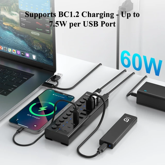 Alt view image 9 of 10 - Powered USB Hub, 10-Port USB C Hub with 6 USB-A 3.2, 4 USB-C 3.2 Ports, Individual Switches and 12V/5A Power Adapter, Aluminum USB Extension for MacBook, Laptop/PC and More(Black)