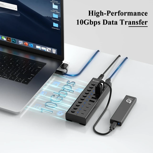 Alt view image 8 of 10 - Powered USB Hub, 10-Port USB C Hub with 6 USB-A 3.2, 4 USB-C 3.2 Ports, Individual Switches and 12V/5A Power Adapter, Aluminum USB Extension for MacBook, Laptop/PC and More(Black)