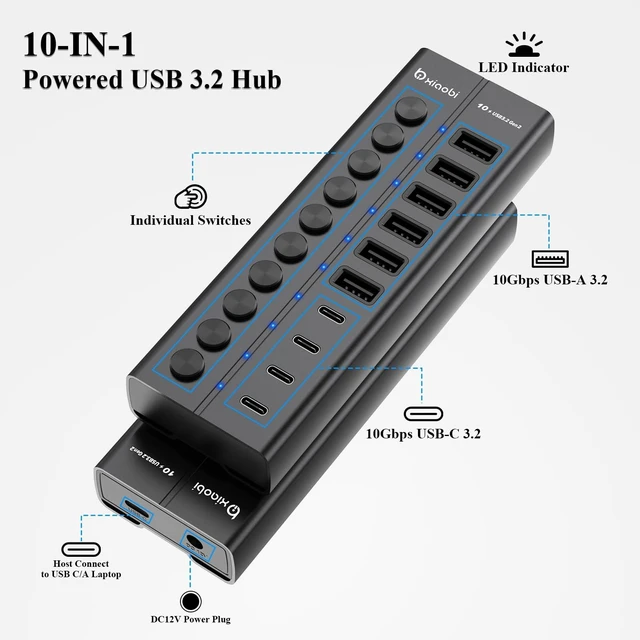 Alt view image 7 of 10 - Powered USB Hub, 10-Port USB C Hub with 6 USB-A 3.2, 4 USB-C 3.2 Ports, Individual Switches and 12V/5A Power Adapter, Aluminum USB Extension for MacBook, Laptop/PC and More(Black)
