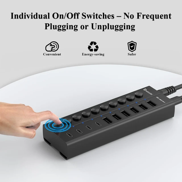 Alt view image 10 of 10 - Powered USB Hub, 10-Port USB C Hub with 6 USB-A 3.2, 4 USB-C 3.2 Ports, Individual Switches and 12V/5A Power Adapter, Aluminum USB Extension for MacBook, Laptop/PC and More(Black)