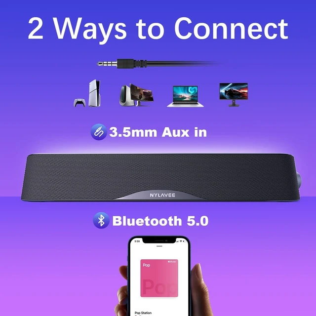 Alt view image 8 of 10 - Nylavee Computer Speakers, Hi-Fi Stereo Computer Sound Bar with Bluetooth & 3.5mm Aux, USB/USB-C Powered for Desktop PC, Laptop & Monitor, Built-in Mic and Headphone Jack