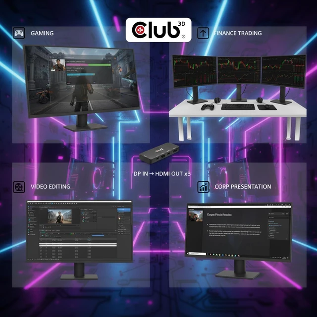 Alt view image 9 of 10 - Club 3D DisplayPort to HDMI Adapter, Triple Monitor 8K@60Hz MST Hub Splitter, DP 2.1 to 3 HDMI Multi-Stream Display Extender for Video Wall, Gaming, HDR HDCP 2.3 Compatible CSV-7330
