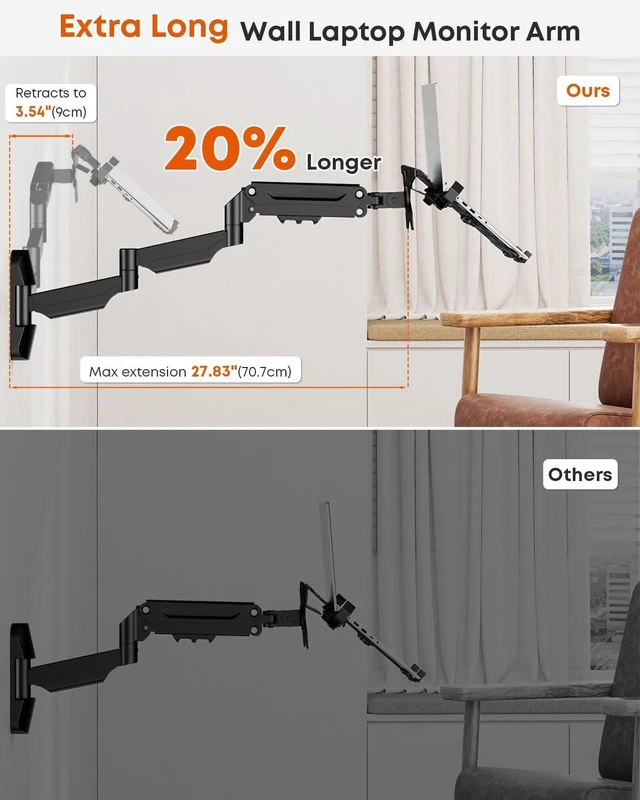 Alt view image 8 of 10 - PUTORSEN Extra Long 2-in-1 Laptop Wall Mount with Detachable Tray - 30.28'' Long Gas Spring Adjustable Arm for 12''-17'' Laptops & 13''-32'' Monitors, Hold up to 19.8lbs, Black