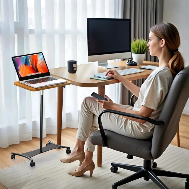 Alt view image 7 of 10 - NAMON Rolling Laptop Stand, 2 in 1 Dual-use Floor & Desktop, Adjustable Height from 16.5" to 51", with 4 Lockable Casters, Laptop Floor Stand Perfect for Home, Office, Study (Rubberwood Finish)