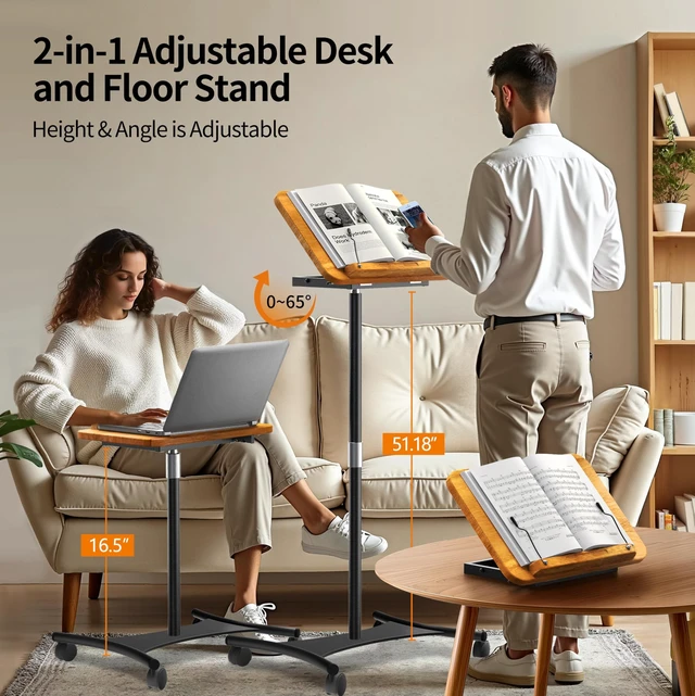 Alt view image 8 of 10 - NAMON Rolling Laptop Stand, 2 in 1 Dual-use Floor & Desktop, Adjustable Height from 16.5" to 51", with 4 Lockable Casters, Laptop Floor Stand Perfect for Home, Office, Study (Rubberwood Finish)