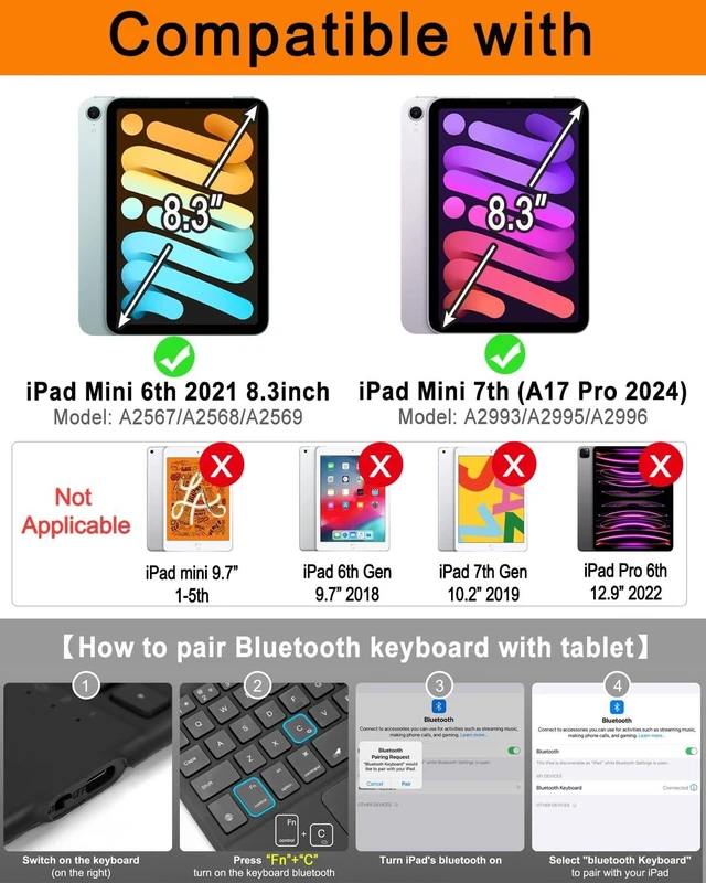 Alt view image 7 of 10 - EAMPANG Case with Trackpad Keyboard for iPad mini 7th(A17 Pro, 2024)/6th Generation 8.3 inch,7-Color Backlit Wireless Keyboard Magnetic Detachable Multi-Angle Stand Cover for iPad mini 6 7 Black