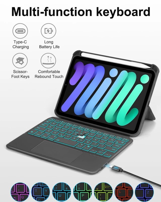 Alt view image 9 of 10 - EAMPANG Case with Trackpad Keyboard for iPad mini 7th(A17 Pro, 2024)/6th Generation 8.3 inch,7-Color Backlit Wireless Keyboard Magnetic Detachable Multi-Angle Stand Cover for iPad mini 6 7 Black