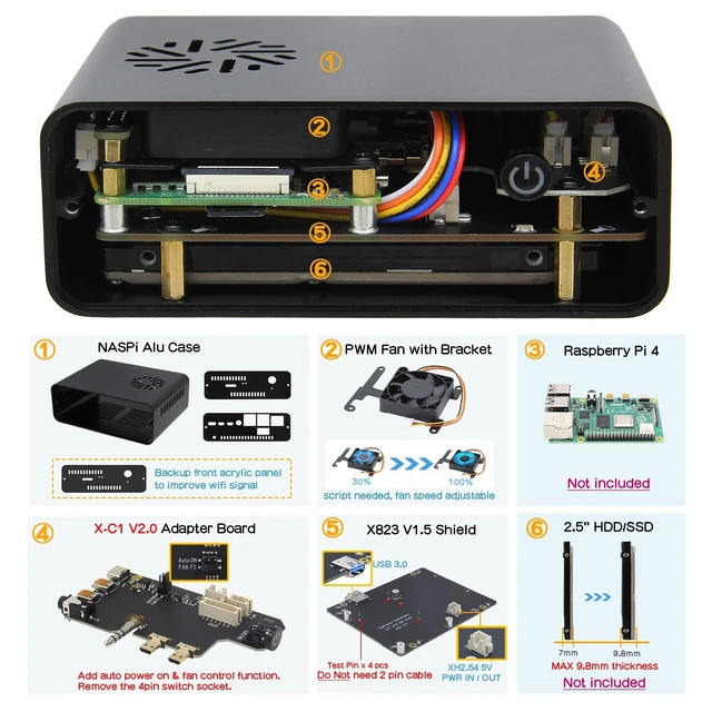 Alt view image 9 of 10 - Geekworm NASPi V2.0 2.5 inch SATA HDD/SSD NAS Storage Kit with Safe Shutdown & Auto Power On Function for Raspberry Pi 4 Model B(Not Include Raspberry Pi 4)