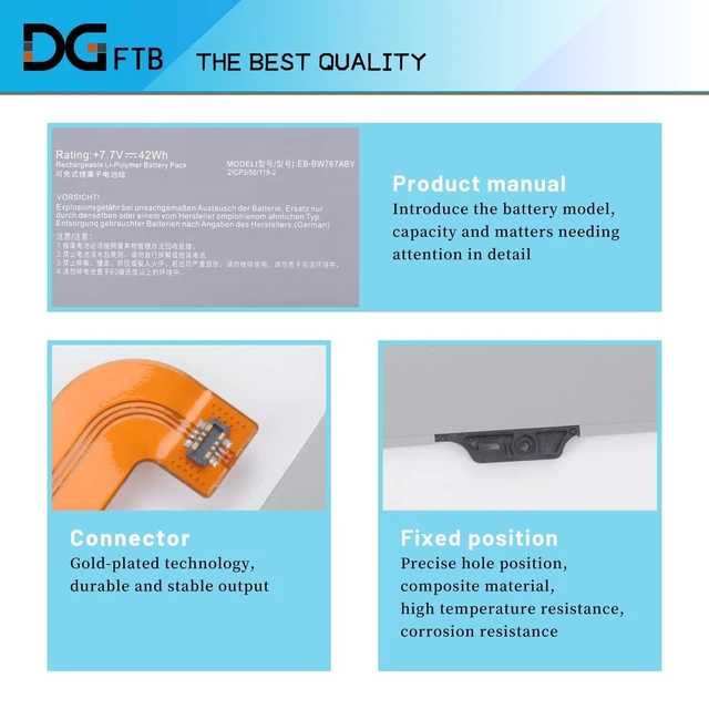 Alt view image 7 of 10 - DGFTB EB-BW767ABY Laptop Battery for Samsung Galaxy Book S NP767XCM NP930QCG NP767XCM-K02UK NP767XCM-K02US K02IT K02DE K01DE K01US K01CA K02CA SM-W767 SM-W767VZAAVZW 7.7V 42Wh/5454mAh