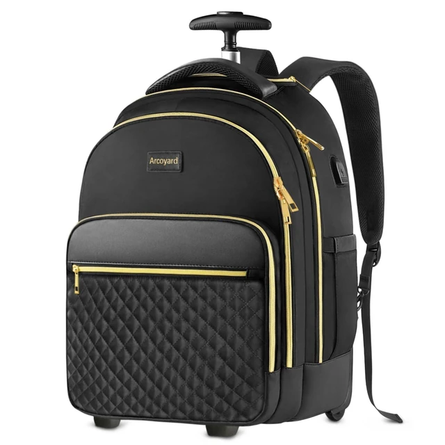 Alt view image 6 of 10 - Arcoyard Rolling Backpack for Women, 15 inch Lightweight Wheeled Roller Laptop Backpack for Adults, Water Resistant Underseat Carry On Luggage Bag, TSA Friendly Anti Theft Business Gear, Black Gold