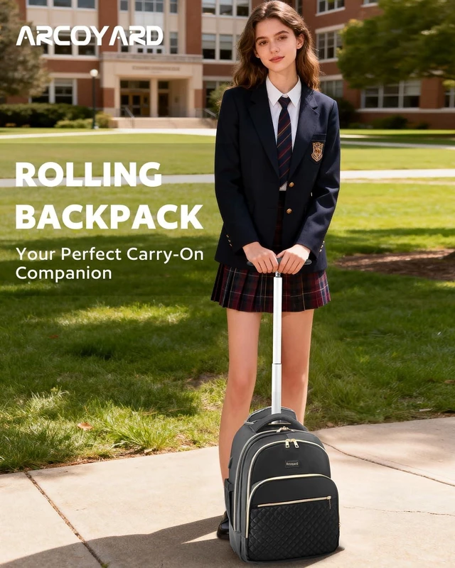 Alt view image 7 of 10 - Arcoyard Rolling Backpack for Women, 15 inch Lightweight Wheeled Roller Laptop Backpack for Adults, Water Resistant Underseat Carry On Luggage Bag, TSA Friendly Anti Theft Business Gear, Black Gold