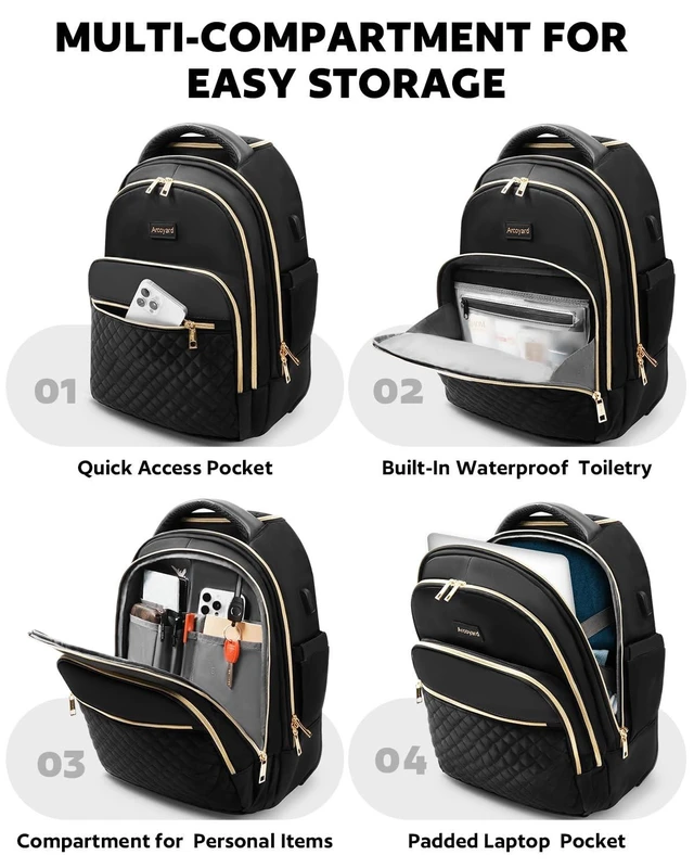Alt view image 8 of 10 - Arcoyard Rolling Backpack for Women, 15 inch Lightweight Wheeled Roller Laptop Backpack for Adults, Water Resistant Underseat Carry On Luggage Bag, TSA Friendly Anti Theft Business Gear, Black Gold