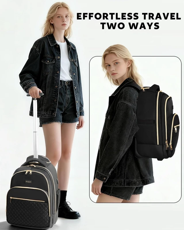 Alt view image 9 of 10 - Arcoyard Rolling Backpack for Women, 15 inch Lightweight Wheeled Roller Laptop Backpack for Adults, Water Resistant Underseat Carry On Luggage Bag, TSA Friendly Anti Theft Business Gear, Black Gold