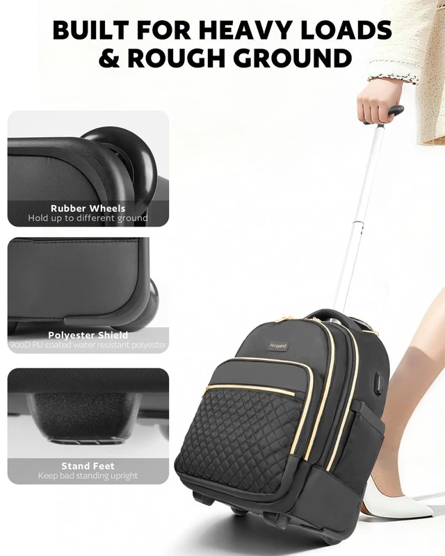 Alt view image 10 of 10 - Arcoyard Rolling Backpack for Women, 15 inch Lightweight Wheeled Roller Laptop Backpack for Adults, Water Resistant Underseat Carry On Luggage Bag, TSA Friendly Anti Theft Business Gear, Black Gold