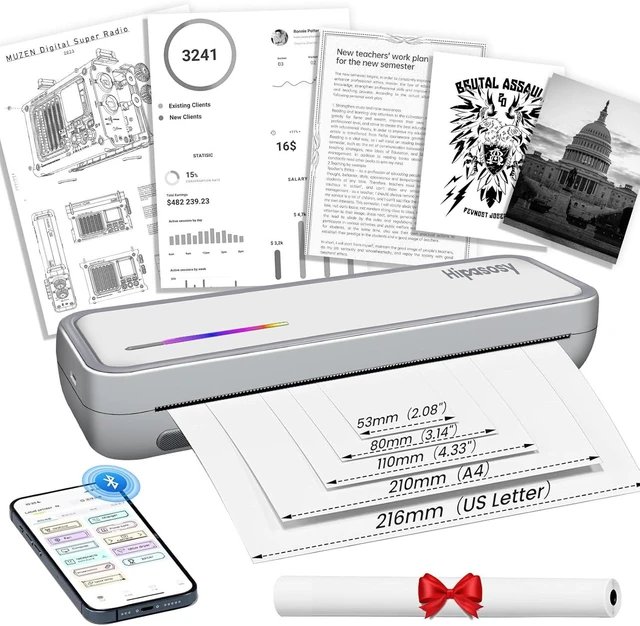 Alt view image 8 of 14 - Portable Thermal Wireless Printers for Home Use, Inkless-Bluetooth-Printer Support for A4 Size Thermal Paper Compatible with iOS, Android & Laptop for Tattoo,Travel,Office,White