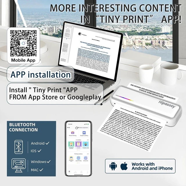 Alt view image 9 of 14 - Portable Thermal Wireless Printers for Home Use, Inkless-Bluetooth-Printer Support for A4 Size Thermal Paper Compatible with iOS, Android & Laptop for Tattoo,Travel,Office,White