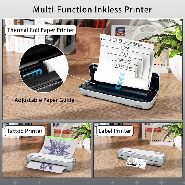 Alt view image 10 of 14 - Portable Thermal Wireless Printers for Home Use, Inkless-Bluetooth-Printer Support for A4 Size Thermal Paper Compatible with iOS, Android & Laptop for Tattoo,Travel,Office,White