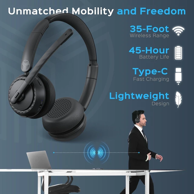 Alt view image 9 of 10 - TREBLAB C7-Pro Wireless Bluetooth Headset, 45H Playtime, Bluetooth 5.3, 40mm Drivers, Type-C Fast Charging, IPX4 Waterproof, Wireless Headset with Mic for Work, Home Office, Calls, Laptop, PC