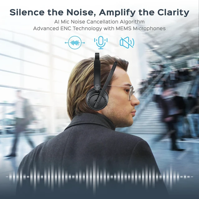 Alt view image 8 of 10 - TREBLAB C7-Pro Wireless Bluetooth Headset, 45H Playtime, Bluetooth 5.3, 40mm Drivers, Type-C Fast Charging, IPX4 Waterproof, Wireless Headset with Mic for Work, Home Office, Calls, Laptop, PC