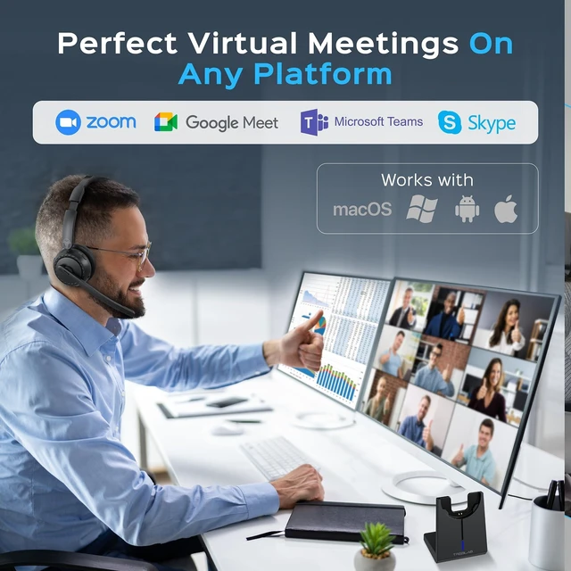 Alt view image 10 of 10 - TREBLAB C7-Pro Wireless Bluetooth Headset, 45H Playtime, Bluetooth 5.3, 40mm Drivers, Type-C Fast Charging, IPX4 Waterproof, Wireless Headset with Mic for Work, Home Office, Calls, Laptop, PC