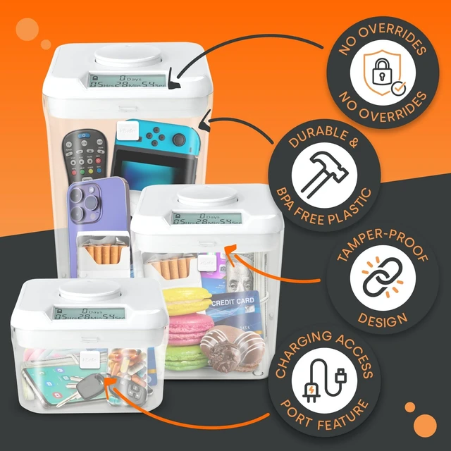 Alt view image 8 of 10 - kSafe Time Locking Container Medium Phone Lock Box, Snack Safe, Self-Control Timer Box, BPA-Free Plastic, No Overrides, 5.5 W x 5.5 H, White Lid, Clear Base