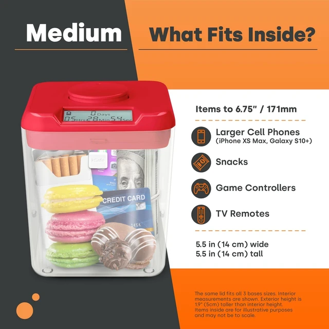 Alt view image 10 of 10 - kSafe Time Locking Container Medium Phone Lock Box, Snack Safe, Self-Control Timer Box, BPA-Free Plastic, No Overrides, 5.5 W x 5.5 H, White Lid, Clear Base