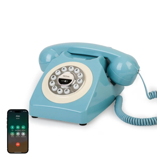 Alt view image 6 of 10 - Retro Blue Bluetooth Landline Phone, Mid-Century Style Desk Telephone with Classic Handset, Loud Vintage Ringtones, Bluetooth Connects to Smartphone, Cute Retro Decor Phone for Bedroom, Home & Office