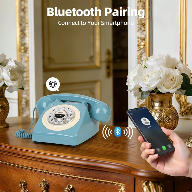 Alt view image 8 of 10 - Retro Blue Bluetooth Landline Phone, Mid-Century Style Desk Telephone with Classic Handset, Loud Vintage Ringtones, Bluetooth Connects to Smartphone, Cute Retro Decor Phone for Bedroom, Home & Office
