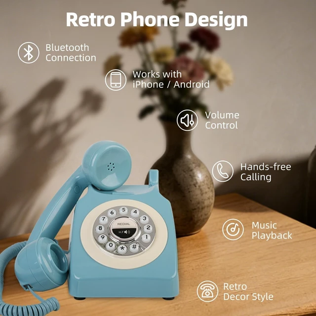 Alt view image 7 of 10 - Retro Blue Bluetooth Landline Phone, Mid-Century Style Desk Telephone with Classic Handset, Loud Vintage Ringtones, Bluetooth Connects to Smartphone, Cute Retro Decor Phone for Bedroom, Home & Office