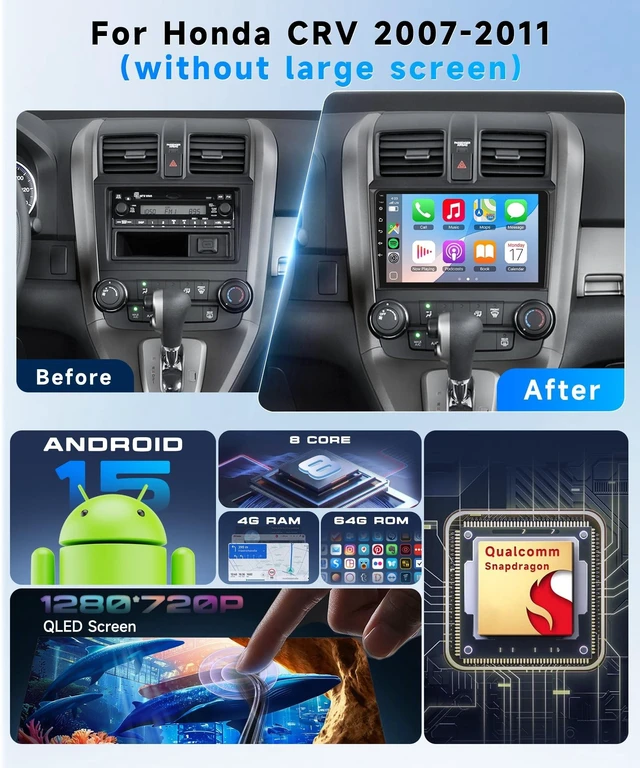 Alt view image 7 of 10 - Qualcomm 8-core 4G+64G Car Stereo Radio for Honda CRV 2007-2011, Upriding 9-Inch 1280P QLED Touchscreen Radio with 5G WiFi Wireless Carplay Android Auto BT5.1 DSP/Hi-Res Audio SWC GPS Backup Camera