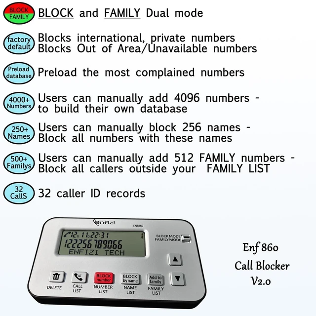 Alt view image 7 of 10 - Enf860 Call Blocker for Landline Phones, Blacklist/Whitelist Dual Mode, Block spam Calls by Number and Name