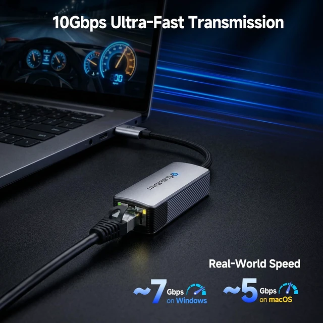 Alt view image 7 of 10 - Cable Matters USB C to 10Gb Ethernet Adapter, 10GbE Type C to Ethernet Adapter, Compatible with USB4 & Thunderbolt 5/4/3, Low-Heat & Silent, Real-World Speed: ~7Gbps on Windows / ~5Gbps on macOS