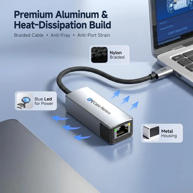 Alt view image 9 of 10 - Cable Matters USB C to 10Gb Ethernet Adapter, 10GbE Type C to Ethernet Adapter, Compatible with USB4 & Thunderbolt 5/4/3, Low-Heat & Silent, Real-World Speed: ~7Gbps on Windows / ~5Gbps on macOS