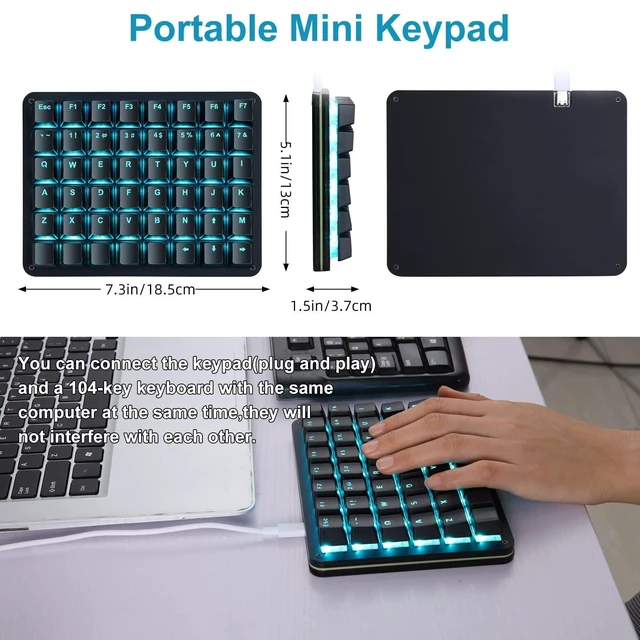 Alt view image 8 of 10 - Koolertron Single-Handed Macro Mechanical Keyboard, Blue LED Backlight Portable Single-Handed Mechanical Gaming Keyboard 48 Fully Programmable Keys Red Axis