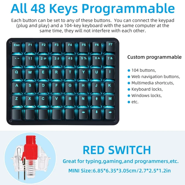Alt view image 7 of 10 - Koolertron Single-Handed Macro Mechanical Keyboard, Blue LED Backlight Portable Single-Handed Mechanical Gaming Keyboard 48 Fully Programmable Keys Red Axis
