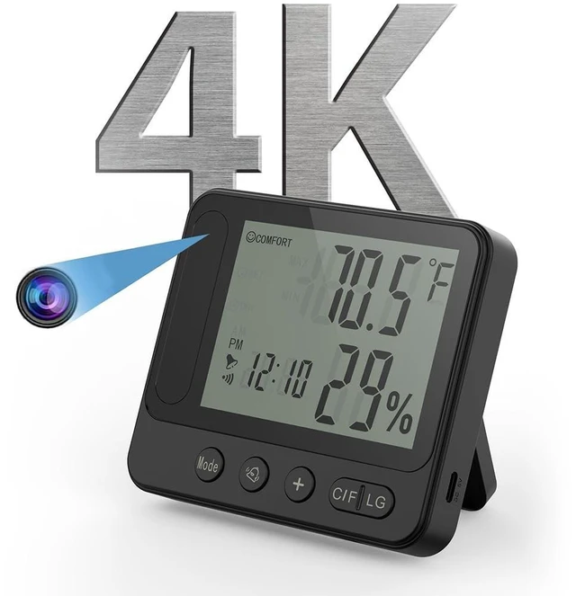 Alt view image 6 of 10 - Ultra 4K HD Security Hidden Camera Wireless Smart Indoor Hygrometer Thermometer with App Remote Control, Motion Detection, Night Vision, Temperature & Humidity Alert and Alarm Clock, Support 2