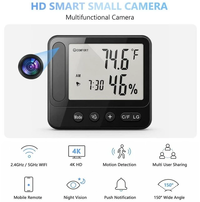 Alt view image 7 of 10 - Ultra 4K HD Security Hidden Camera Wireless Smart Indoor Hygrometer Thermometer with App Remote Control, Motion Detection, Night Vision, Temperature & Humidity Alert and Alarm Clock, Support 2