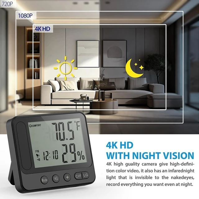 Alt view image 8 of 10 - Ultra 4K HD Security Hidden Camera Wireless Smart Indoor Hygrometer Thermometer with App Remote Control, Motion Detection, Night Vision, Temperature & Humidity Alert and Alarm Clock, Support 2