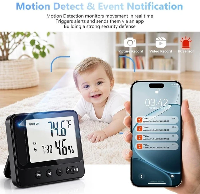 Alt view image 9 of 10 - Ultra 4K HD Security Hidden Camera Wireless Smart Indoor Hygrometer Thermometer with App Remote Control, Motion Detection, Night Vision, Temperature & Humidity Alert and Alarm Clock, Support 2