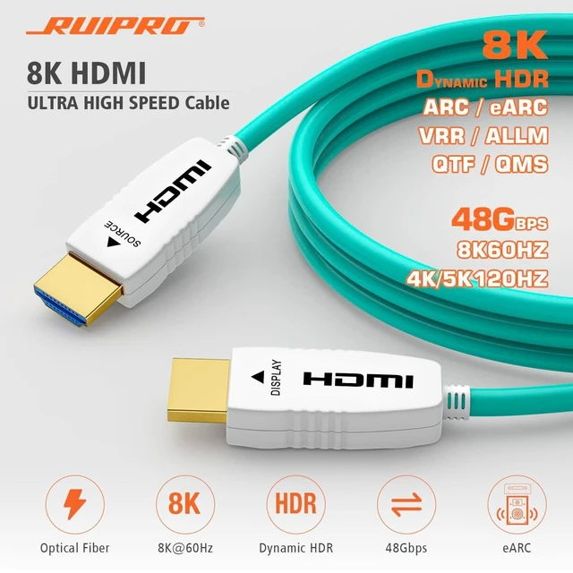 Alt view image 7 of 10 - RUIPRO 8K Fiber Optic HDMI Cable 50 Feet 48Gbps 8K60Hz 4K120Hz Dynamic HDR eARC HDCP2.2/2.3 for RTX4080/4090/3080/3090, Xbox S/X, PS5/4, AVR, Projector, LG/Samsung/Sony TV