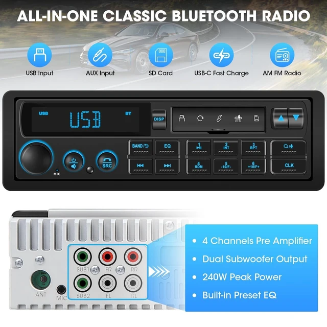 Alt view image 8 of 10 - Retro Single Din Car Stereo: European Vintage Radio for Classic Vehicles - Orange Display Bluetooth 4-CHN 2 Subwoofer Outputs AM FM USB SD AUX Type-C Charge