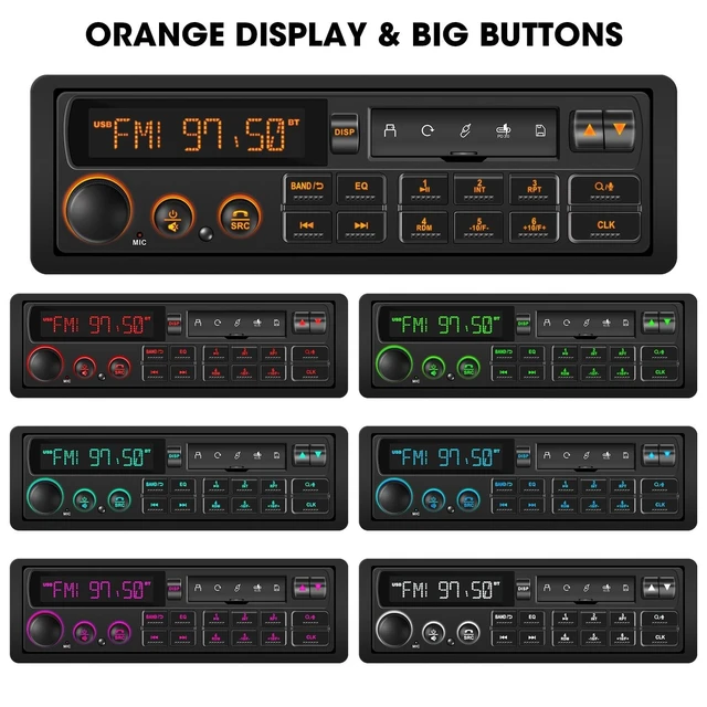 Alt view image 9 of 10 - Retro Single Din Car Stereo: European Vintage Radio for Classic Vehicles - Orange Display Bluetooth 4-CHN 2 Subwoofer Outputs AM FM USB SD AUX Type-C Charge