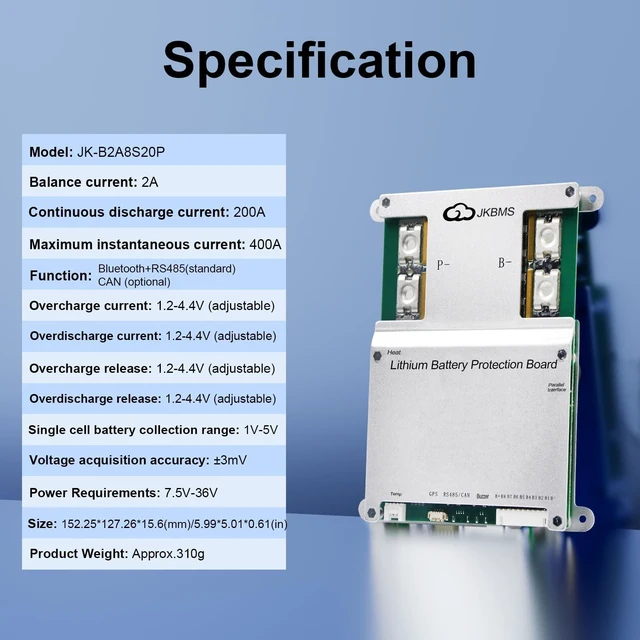 Alt view image 7 of 10 - JKBMS Smart BMS 4S-8S 200A 2A Active Balance Built-in Bluetooth with RS485 PCB Battery Protection Board for LiFePO4 Li-ion LTO Battery PackJK-B2A8S20P