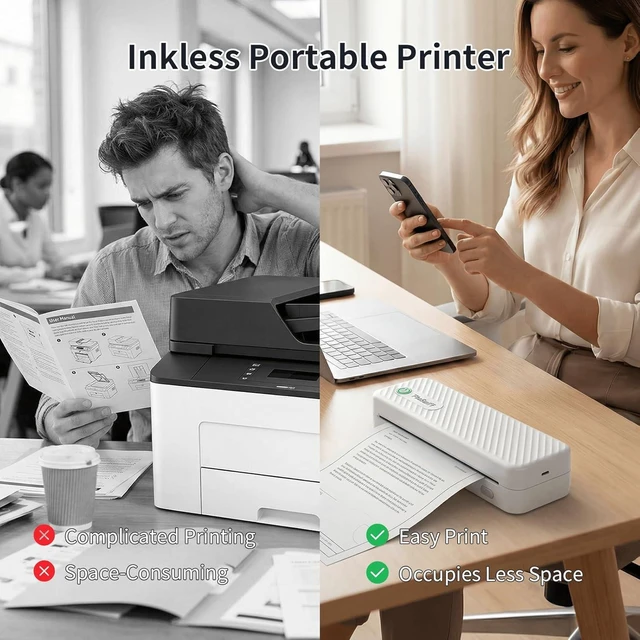 Alt view image 10 of 14 - Portable Printer Bluetooth for Travel, Inkless Thermal Printer Support 8.5" X 11" Letter & A4, with Phone Laptop for Home Use Car Office School