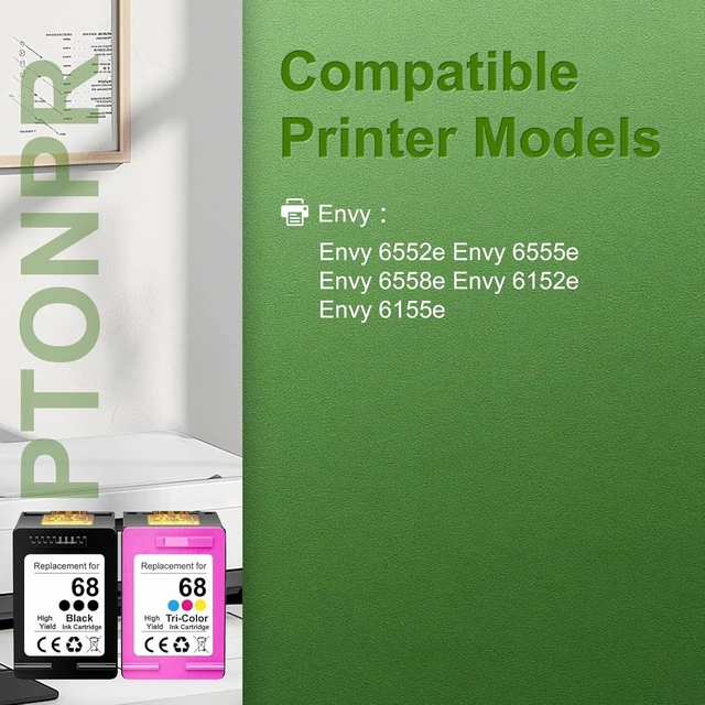 Alt view image 9 of 14 - 68 Ink Cartridges 2 Pack Replacement for HP 68 Ink Cartridges Envy 6555e 6520 6520e 6530e 6531e 6532e 6552e 6558e Printer (Black/Tri-Color)