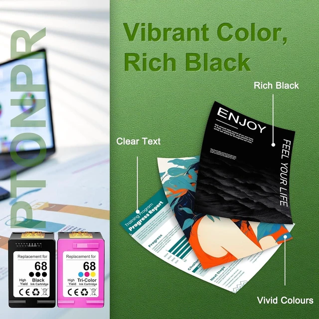 Alt view image 11 of 14 - 68 Ink Cartridges 2 Pack Replacement for HP 68 Ink Cartridges Envy 6555e 6520 6520e 6530e 6531e 6532e 6552e 6558e Printer (Black/Tri-Color)