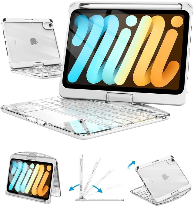 Alt view image 6 of 10 - Clear Keyboard Case for iPad Mini 7 A17 Pro(2024) & Mini 6 (2021) 8.3", 7-Color Backlit Wireless Keyboard with Touchpad, 360 Rotating Stand, Pencil Holder for iPad mini 7th/6th Generation White